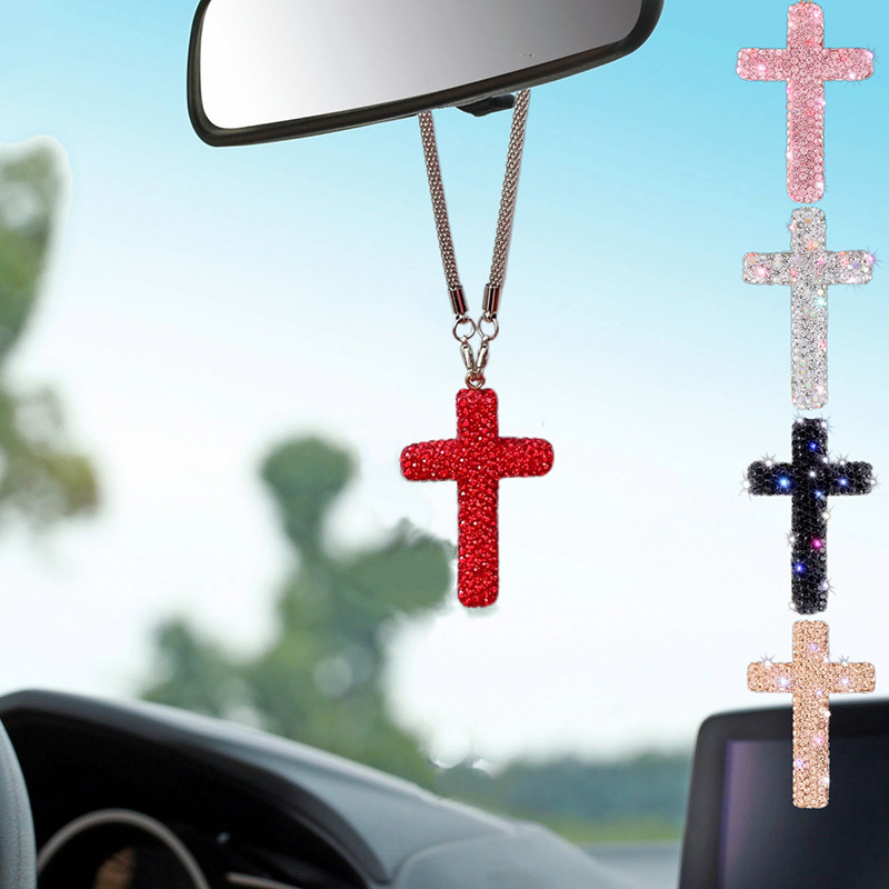 Interior Design Texture - Sparkling Crystal Diamond Cross Car Mirror